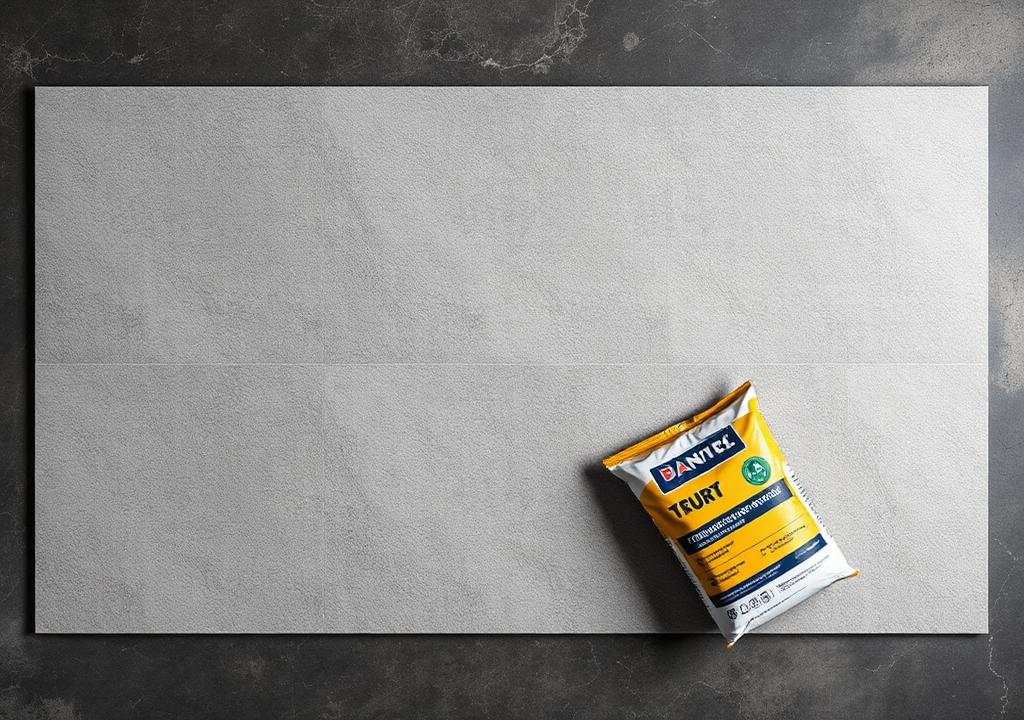 Grey porcelain floor tile with bag of adhesive
